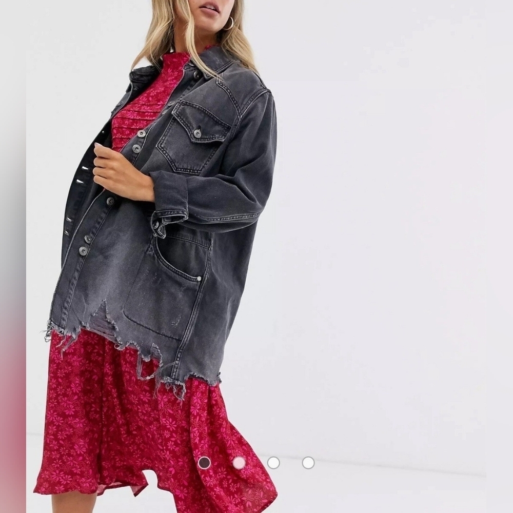 Free People Grey Denim Faded Distressed Longline Button-Up Moonchild Jacket SM